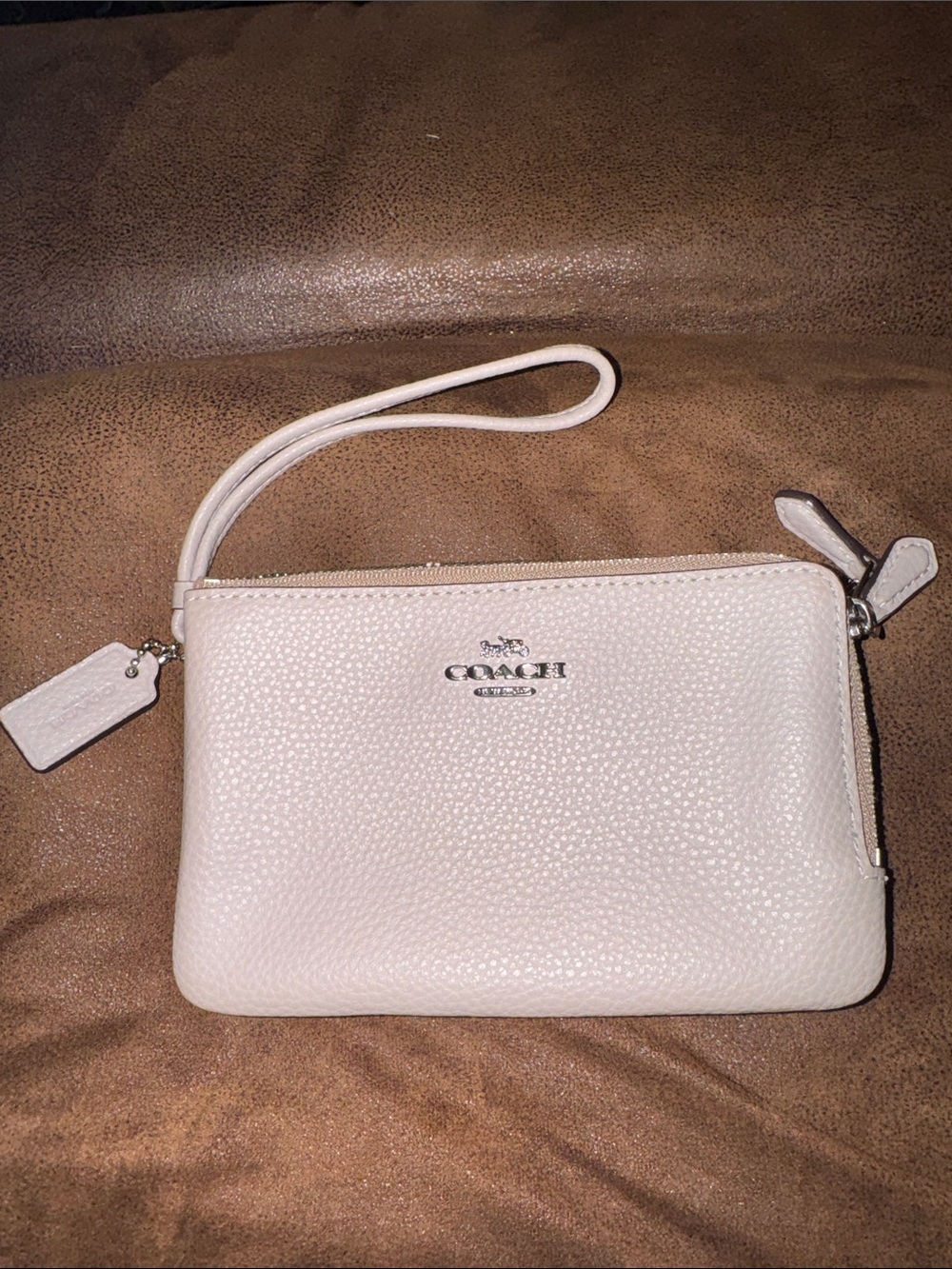 Coach Double Zip Wristlet Pouch in Taupe E 1957 F87590 with hangtag
